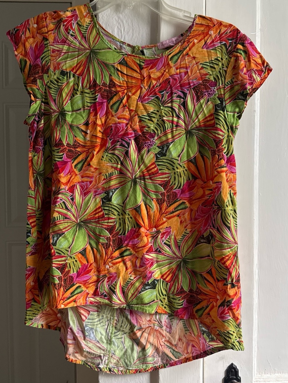 Rose & Olive Bright Tropical Floral Cap-Sleeve Tunic — Orange, Green & Pink